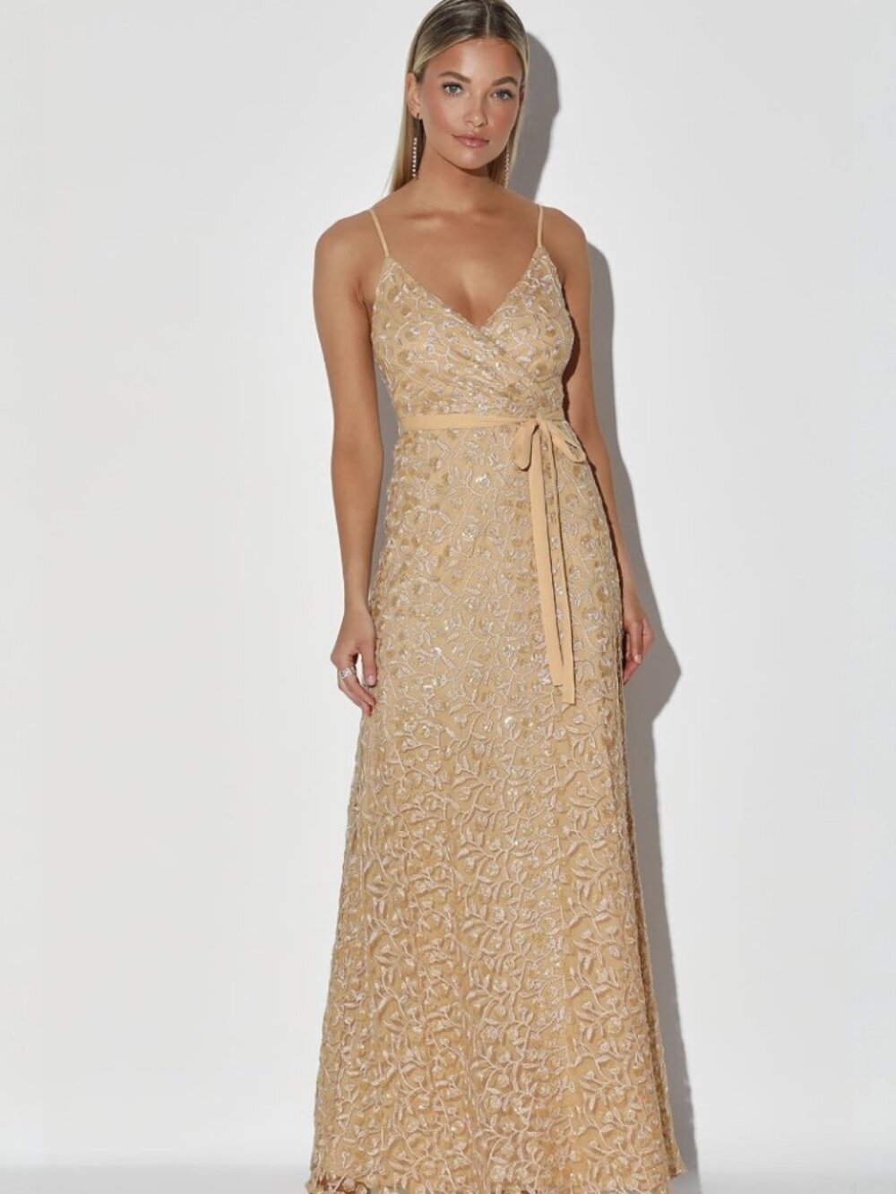 Lulus Breathtaking Beauty Champagne Sequin Embroidered Maxi Dress NWT